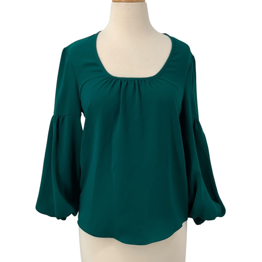 Trina Turk‎ Women's Balloon Sleeve Squared Gathered Neck Green Blouse Size XS